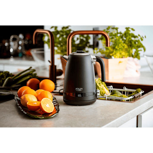 Adler AD1295B Chaleira Eléctrica 1.7 L, Jarro Elétrico, Vintage, BPA Free, Controlo de Temperatura, Aço inoxidável, Sem fios, Elemento de Aquecimento Oculto, 2200, Preto