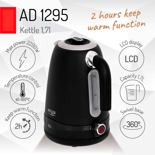 Adler AD1295B Chaleira Eléctrica 1.7 L, Jarro Elétrico, Vintage, BPA Free, Controlo de Temperatura, Aço inoxidável, Sem fios, Elemento de Aquecimento Oculto, 2200, Preto