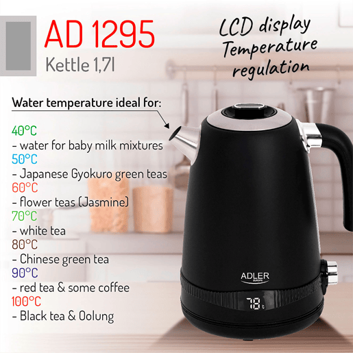 Adler AD1295B Chaleira Eléctrica 1.7 L, Jarro Elétrico, Vintage, BPA Free, Controlo de Temperatura, Aço inoxidável, Sem fios, Elemento de Aquecimento Oculto, 2200, Preto