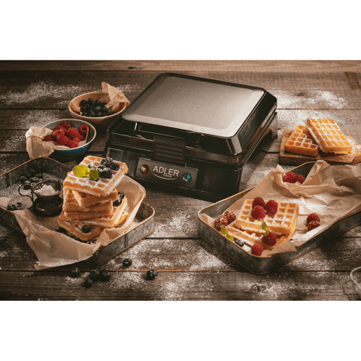 Adler AD3036 Máquina de Waffles Eléctrica 4 Waffles Belgas, Placas Anti-aderentes, 1500, Prata