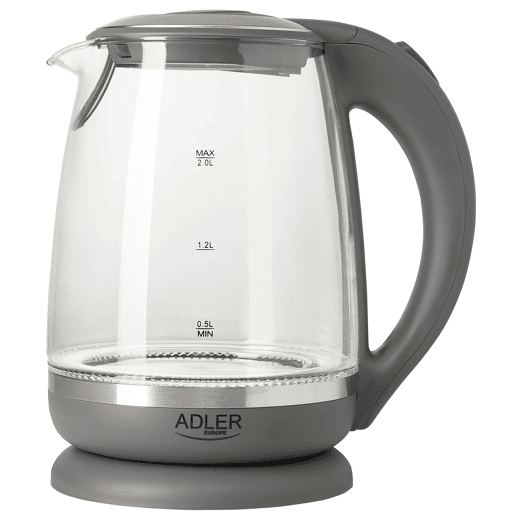 Adler AD1286 Chaleira Eléctrica em Vidro 2 L, Interior Iluminado, sem Fios Desligamento Automático, 2200, Cinza