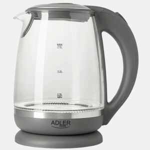 Adler AD1286 Chaleira Eléctrica em Vidro 2 L, Interior Iluminado, sem Fios Desligamento Automático, 2200, Cinza