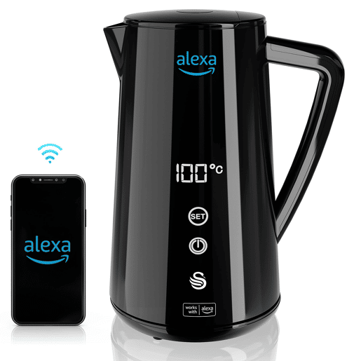 SWAN SK14650BLKNEU Alexa Chaleira Eléctrica de Água Inteligente WIFI 1,5 L, Sem Fios, Ecrã Táctil LED, Função de Aquecimento 2H, 1800, Preto