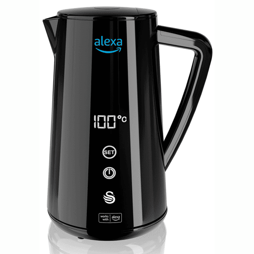 SWAN SK14650BLKNEU Alexa Chaleira Eléctrica de Água Inteligente WIFI 1,5 L, Sem Fios, Ecrã Táctil LED, Função de Aquecimento 2H, 1800, Preto