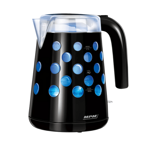 MPM MCZ-86 Jarro Elétrico 1,7 L, Chaleira Eléctrica, sem BPA, sem Fios, Interior Iluminado, Elemento de Aquecimento Oculto, 2200, Preto
