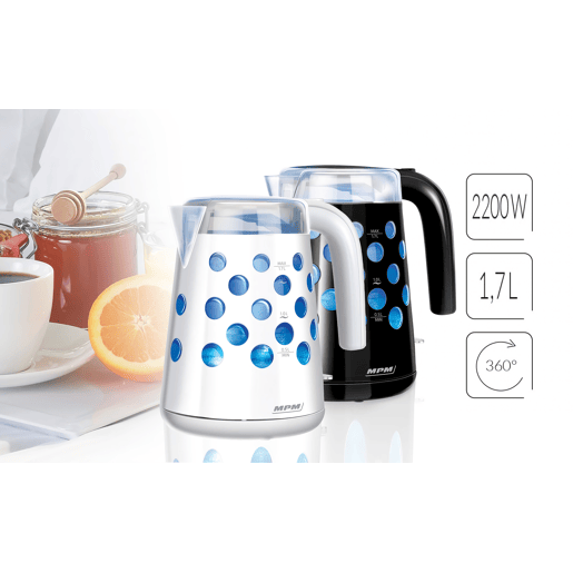 MPM MCZ-86 Jarro Elétrico 1,7 L, Chaleira Eléctrica, sem BPA, sem Fios, Interior Iluminado, Elemento de Aquecimento Oculto, 2200, Preto