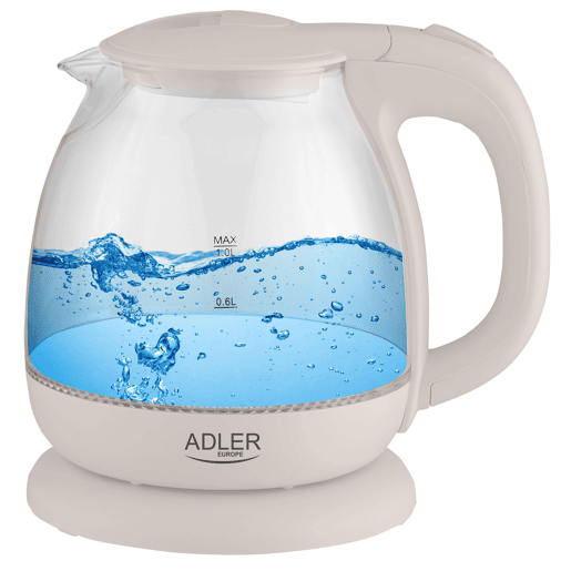 Adler AD1283C Chaleira Eléctrica em Vidro 1 L, Interior Iluminado, sem Fios Desligamento Automático, 1100, Creme