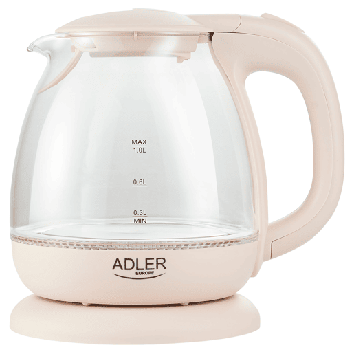 Adler AD1283C Chaleira Eléctrica em Vidro 1 L, Interior Iluminado, sem Fios Desligamento Automático, 1100, Creme