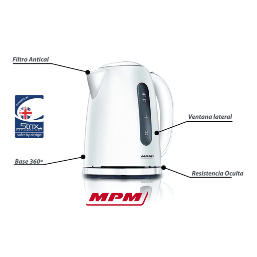 MPM MCZ-85 Jarro Elétrico 1.7L, Chaleira Eléctrica, Sem fios, Desligamento Automático, Resistência Oculta, Base 360, 2200, Branco