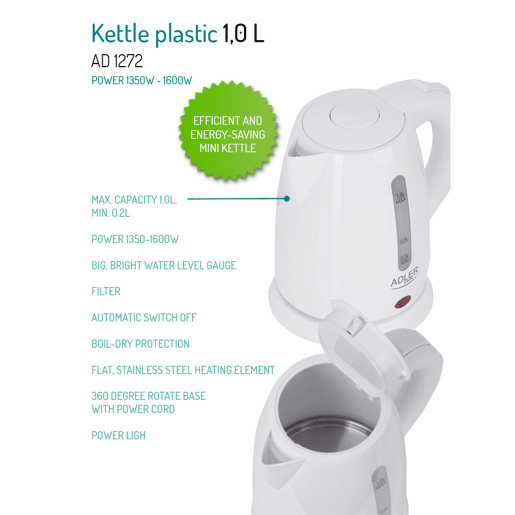 Adler AD1272 Jarro Eléctrica 1L, Chaleira Eléctrica, BPA livre, Elemento de Aquecimento Oculto, Base 360, 1600, Branco