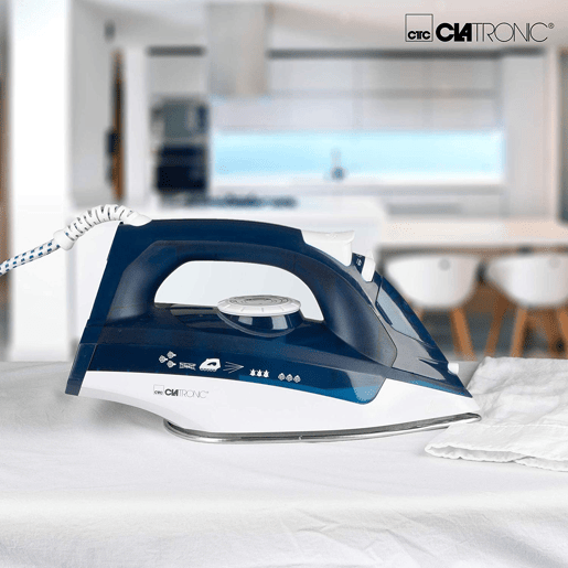 Clatronic DB 3704 Ferro a Vapor Base Inox, Função de Engomar a Seco, Vapor Vertical, 2200, Branco azul