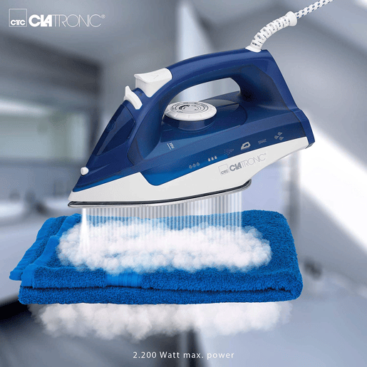 Clatronic DB 3704 Ferro a Vapor Base Inox, Função de Engomar a Seco, Vapor Vertical, 2200, Branco azul