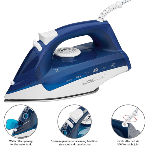 Clatronic DB 3704 Ferro a Vapor Base Inox, Função de Engomar a Seco, Vapor Vertical, 2200, Branco azul