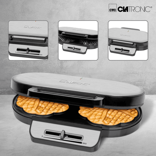 Clatronic WA 3745 Máquina de Waffles, 2 Waffles, Forma de Coração, Placas Anti-aderentes, 1200, Prata