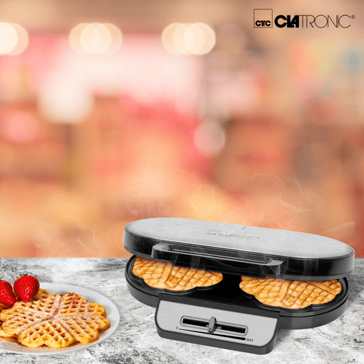 Clatronic WA 3745 Máquina de Waffles, 2 Waffles, Forma de Coração, Placas Anti-aderentes, 1200, Prata
