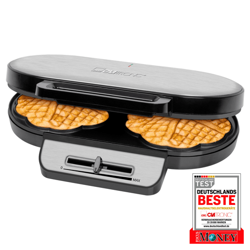 Clatronic WA 3745 Máquina de Waffles, 2 Waffles, Forma de Coração, Placas Anti-aderentes, 1200, Prata