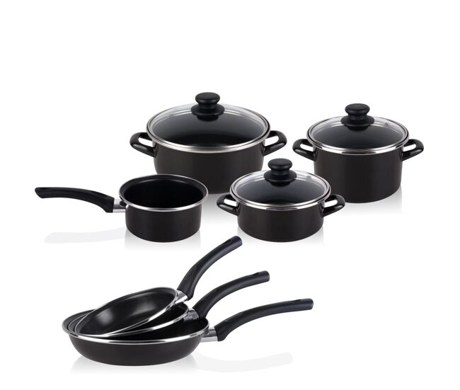 Magefesa kenia bateria de cocina 7 piezas + set juego 3 sartenes 18-20-24cm, acero vitrificado 820oc, libre pfoa, , negro
