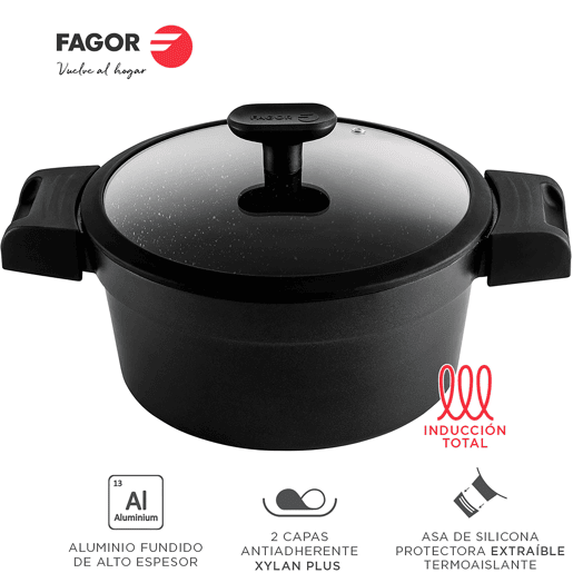 FAGOR Alutherm Trem de Cozinha Indução de 5 Peças em Alumínio Antiaderente 2 Panelas, 1 Frigideira, 2 Tampas, , Preto