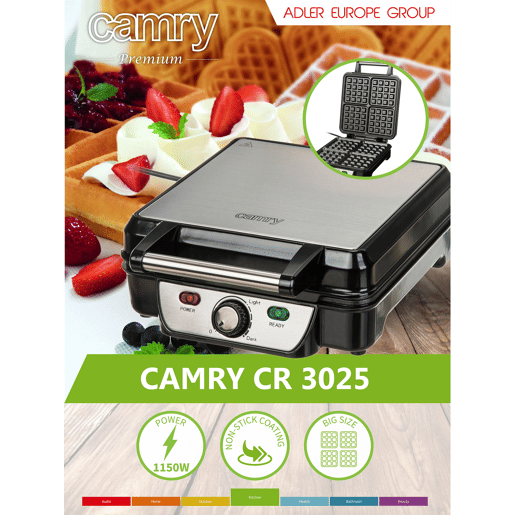 Camry CR 3025 Máquina de Waffles Eléctrica, 4 Waffles Belgas, Placas Anti-aderentes, Termóstato Ajustável, 1500, Prata