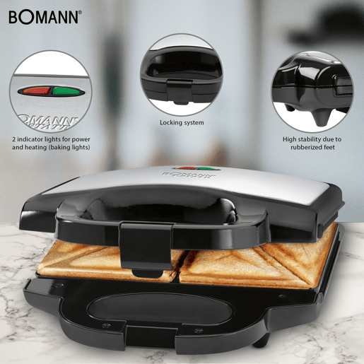 Bomann ST 1372 CB Sanduicheira 2 Sanduíches, Revestimento Anti-aderente, Controlo Automático da Temperatura, 750, Prata negra