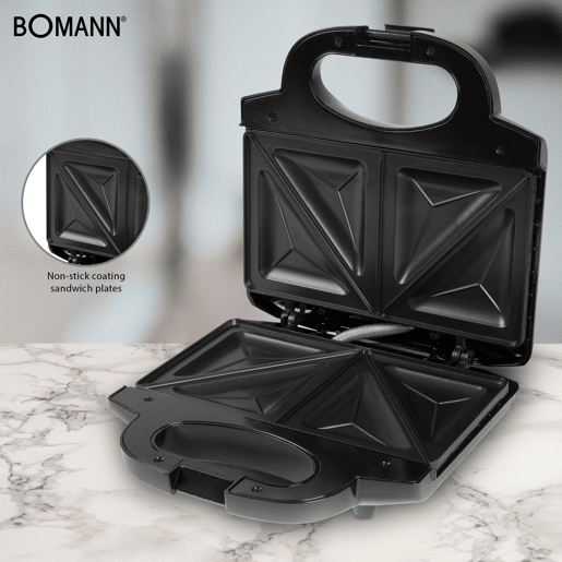 Bomann ST 1372 CB Sanduicheira 2 Sanduíches, Revestimento Anti-aderente, Controlo Automático da Temperatura, 750, Prata negra