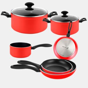 FAGOR Maxima Trem de Cozinha Indução de 8 Peças em Alumínio Antiaderente 3 Panelas, 3 Frigideiras, 2 Tampas, , Vermelho