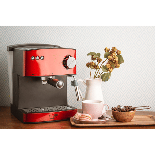 Adler AD 4404R Máquina de Café Expresso Automatica 15 Bars, Tanque de 1,6 L,Bocal para Leite, 850, Vermelho