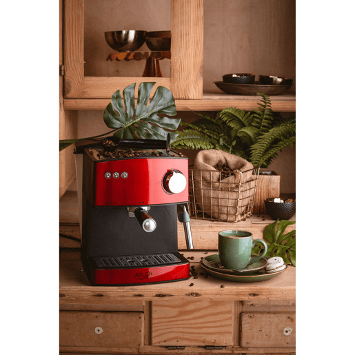 Adler AD 4404R Máquina de Café Expresso Automatica 15 Bars, Tanque de 1,6 L,Bocal para Leite, 850, Vermelho