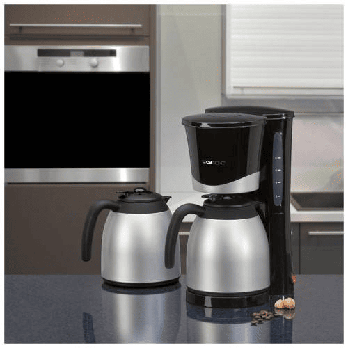 Clatronic KA 3328 Máquina de Café Filtro, 2 Jarros Isotérmicos 8 - 10 Chávenas, 1 Litro, 870, Prata negra