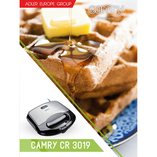Camry CR 3019 Máquina de Waffles Eléctrica 2 Waffles Belgas Grossos, Placas de Cerâmica Antiaderente, 1000, Prata