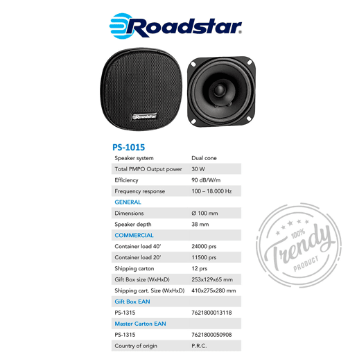Roadstar PS1015 Altifalantes de Automóvel 10 cm, Coaxial, 2 Way Audio, PMPO 30W, 90 Db, 100-18000Hz, 30, Preto