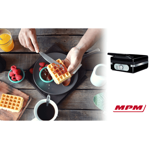 MPM MGO-24 Máquina de Waffles Eléctrica 2 Waffles Belgas Grossos, Placas Antiaderentes, Termóstato Ajustável, 1400, Preto