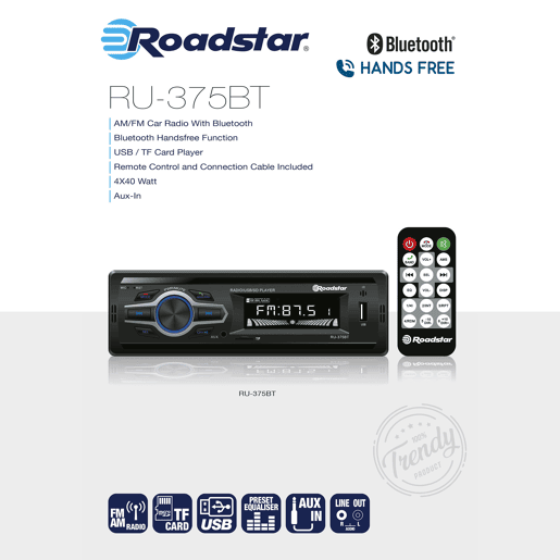 Roadstar RU-375BT Rádio Automóvel Digital AM FM Bluetooth Mãos-livres, Stereo, Porta USB, Leitor de Cartões TF, Ecrã LCD, , Preto