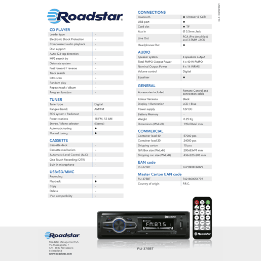 Roadstar RU-375BT Rádio Automóvel Digital AM FM Bluetooth Mãos-livres, Stereo, Porta USB, Leitor de Cartões TF, Ecrã LCD, , Preto