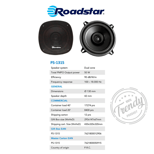 Roadstar PS1315 Altifalantes de Automóvel 13 cm, Coaxial, 2 Way Audio, PMPO 50W, 90 Db, 100-18000Hz, 50, Preto