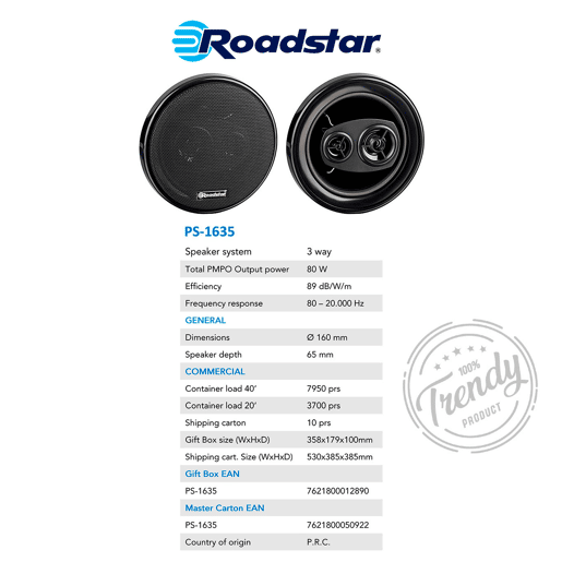 Roadstar PS-1635 Altifalantes de Automóvel 16cm, Coaxial, 3 Way Audio, PMPO 80W, 89Db, 80-20000Hz, 80 , Preto