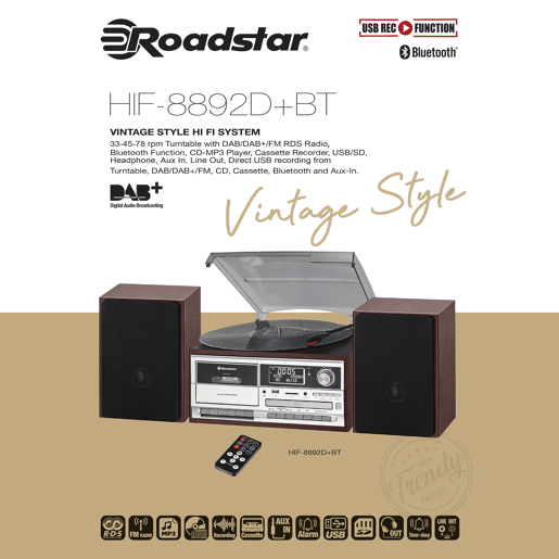 Roadstar HIF-8892D+BT Aparelhagem Hi Fi Gira-discos Rádio DABDAB+FM, Leitor CD-MP3 Cassetete Bluetooth USB SD, , Madeira Roadstar HIF-8892D+BT Aparelhagem Hi Fi Gira-discos Rádio DABDAB+FM, Leitor CD-MP3 Cassetete Bluetooth USB SD, , Madeira