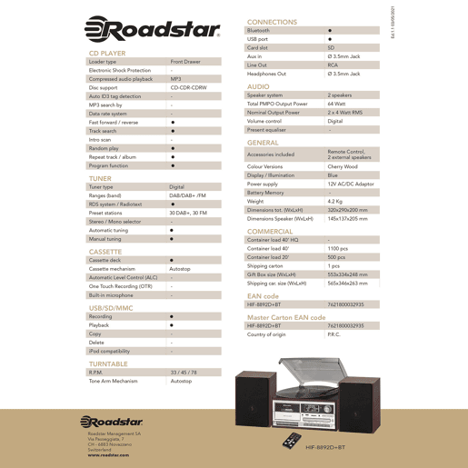 Roadstar HIF-8892D+BT Aparelhagem Hi Fi Gira-discos Rádio DABDAB+FM, Leitor CD-MP3 Cassetete Bluetooth USB SD, , Madeira Roadstar HIF-8892D+BT Aparelhagem Hi Fi Gira-discos Rádio DABDAB+FM, Leitor CD-MP3 Cassetete Bluetooth USB SD, , Madeira