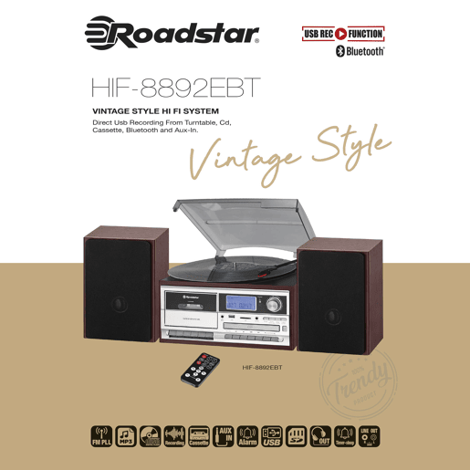 Roadstar HIF-8892EBT Aparelhagem Hi Fi Gira-discos Rádio Digital PLL FM, Leitor CD-MP3 Cassetete Bluetooth USB SD, , Madeira Roadstar HIF-8892EBT Aparelhagem Hi Fi Gira-discos Rádio Digital PLL FM, Leitor CD-MP3 Cassetete Bluetooth USB SD, , Madeira