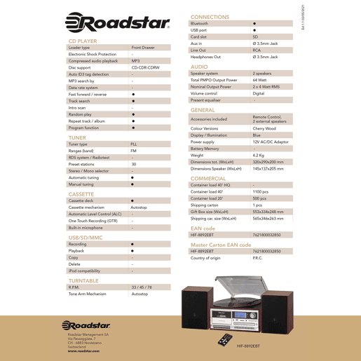 Roadstar HIF-8892EBT Aparelhagem Hi Fi Gira-discos Rádio Digital PLL FM, Leitor CD-MP3 Cassetete Bluetooth USB SD, , Madeira Roadstar HIF-8892EBT Aparelhagem Hi Fi Gira-discos Rádio Digital PLL FM, Leitor CD-MP3 Cassetete Bluetooth USB SD, , Madeira