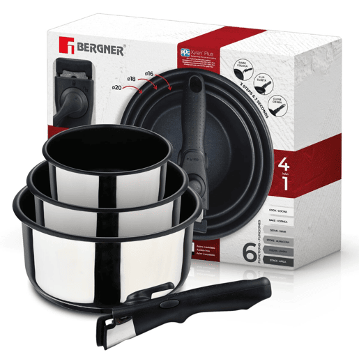 Conjunto de Tachos Bergner Click & Cook Aço inoxidável 3 Peças