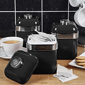 SWAN SWKA1020BN Retro Conjunto de 3 Recipientes de Metal 1 L, Café, Especiarias, Aço Lacado, Desenho Vintage, , Preto