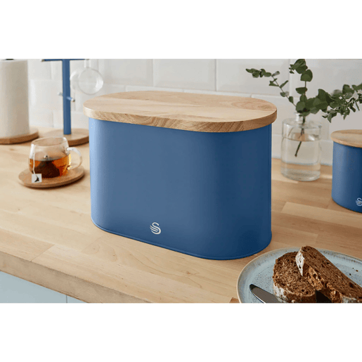 SWAN Nordic Nordic Paneira Com Tampa - Tábua de Corte de Bambu, Contentor de Aço Carbono para Pão, Moderno, , Azul