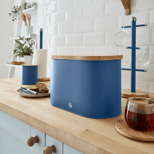 SWAN Nordic Nordic Paneira Com Tampa - Tábua de Corte de Bambu, Contentor de Aço Carbono para Pão, Moderno, , Azul