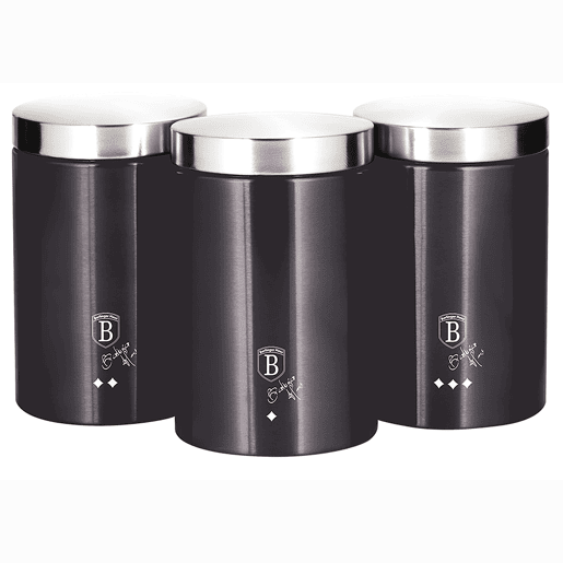 Berlinger Haus Carbon Pro 3 Boiões de Armazenamento de Cozinha Aço Inoxidável, Ø11 x 17,8 cm, Especiarias, Chá ,Café, , Cinzento Escuro  Inox