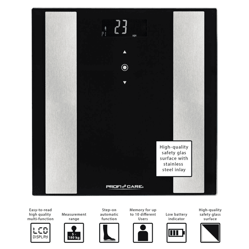 Proficare PW 3007 Balança Digital Banho Analise Corporal Peso 8 Funções, Superficie em Vidro, , Preto