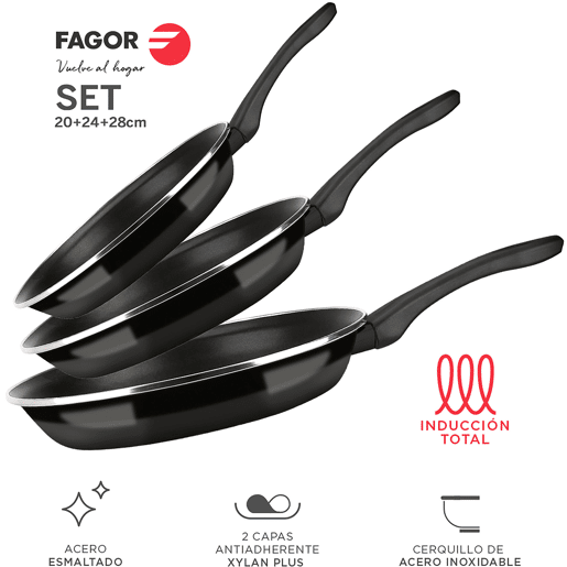 FAGOR Optimax Conjunto de 3 Frigideiras Indução 20-24-28 cm, Aço Esmaltado, Antiaderente Ecológico PFOA Livre, , Preto
