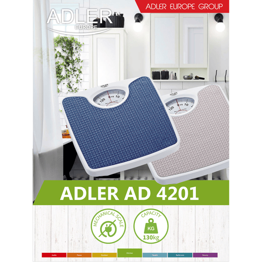 Adler AD8151B Balança mecânica de casa de banho, 130 Kg, Alta precisão, superfície antiderrapante, , Branco azul
