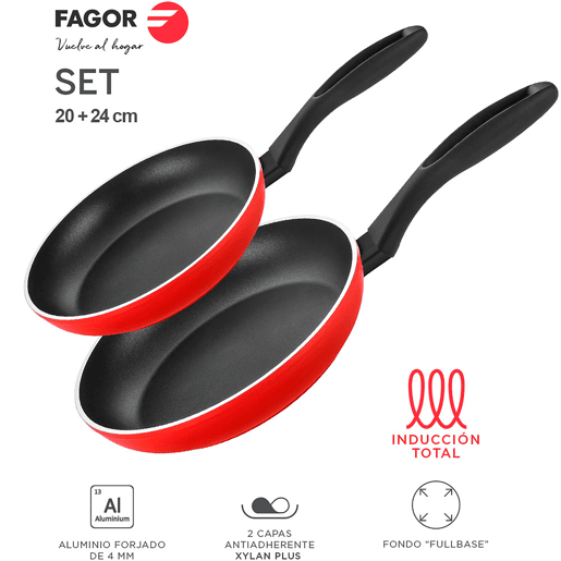 FAGOR Maxima Conjunto de 2 Frigideiras Indução 20-24 cm, Alumínio Forjado, Antiaderente Ecológico PFOA Livre, , Vermelho