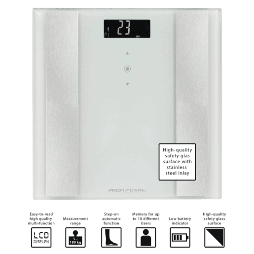 Proficare PW 3007 Balança Digital Banho Analise Corporal Peso 8 Funções, Superficie em Vidro, , Branco